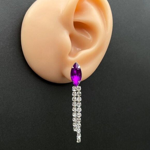 Silver with Purple Amethyst and White Diamond Crystal Dangling Post Earrings - Picture 9 of 10
